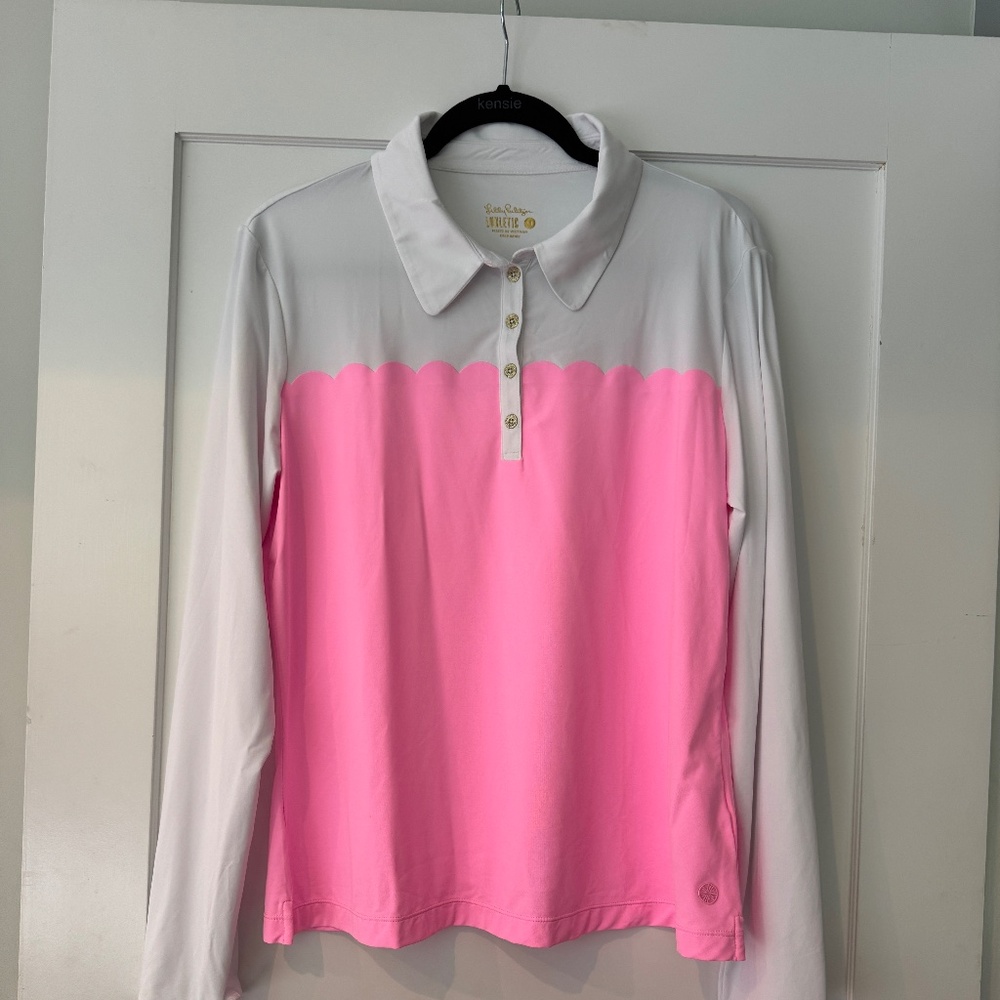 Lilly Pulitzer Luxletic Pink & White Scalloped Polo XL